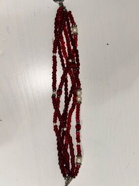 Multi-Strand Red Beaded Bracelet with Pearl Accents